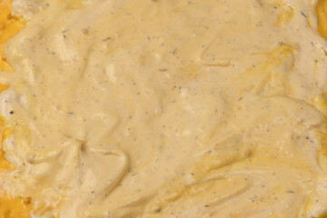 Yellow sauce splashes as a background.