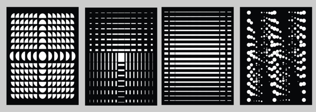 Abstract black and white geometric pattern collection with stripes, circles and dotted optical illusion textures. Set of modern minimal posters with futuristic visual rhythm and contrast.
