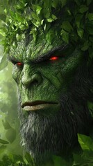 Green skin giant with red eyes, beard, and leaf crown emerges from a lush forest