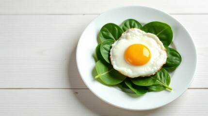 A perfectly fried egg yolk nestled on a bed of vibrant green spinach leaves, served on a pristine white plate