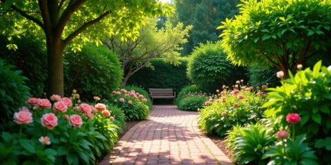 Serene Garden Path with Brick Walkway and Resting Bench Surrounded by Lush Greenery and Blooming Pink Flowers