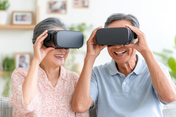 Senior couple smiles while wearing VR headsets, enjoying virtual reality entertainment together