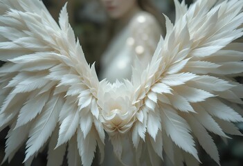 Fototapeta premium Wings made of delicate white petals and feathers, surreal high-resolution close-up, soft focus.