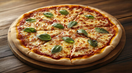A freshly baked margherita pizza with basil leaves, tomato sauce, and melted mozzarella, served on a rustic wooden table in an Italian pizzeria, warm and cozy atmosphere.
