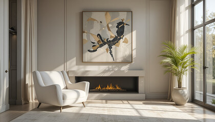 A sophisticated living room featuring a large abstract painting in muted tones, paired with a plush boucle lounge chair and soft natural light filtering through sheer curtains, creating a serene and a