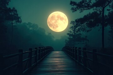 Misty moonlit wooden bridge