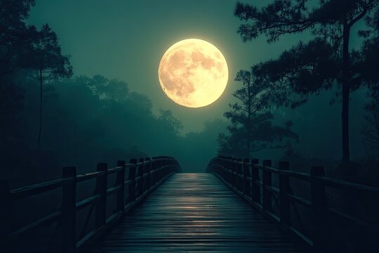 Misty moonlit wooden bridge
