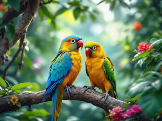 Couple de perroquets dans un environnement naturel.