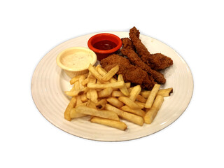 Crispy Chicken crispo with potato fries and sauses in a plate isolated on white background
