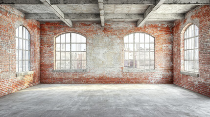 Spacious loft interior: exposed brick walls, large windows, and concrete floor
