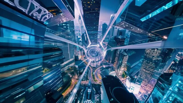 Futuristic urban nightscape with neon blue lights creating dynamic zoom effect through skyscraper corridor. The perspective shifts through glowing geometric patterns while buildings blur with movement