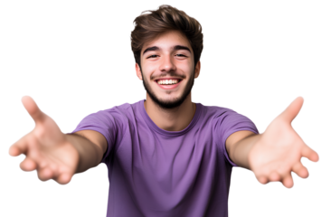  A happy man in a purple t-shirt, smiling and reaching out with his hands towards the camera, against a transparent background,. 