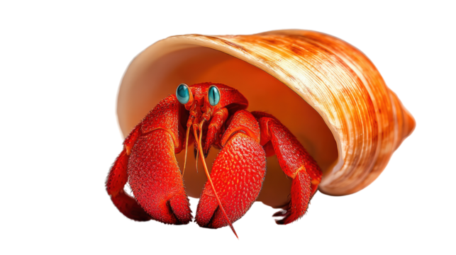 Red Hermit Crab in Shell: A vibrant red hermit crab peeks from its adopted shell, showcasing intricate textures and a charming presence, inviting a closer look at the wonders of the underwater world.