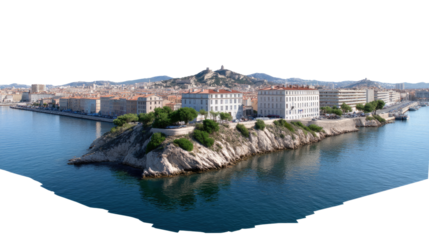 City by the sea: A panoramic view of a vibrant coastal city, where historical buildings and modern structures merge. The architecture tell a story of progress and beauty