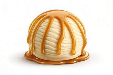 Fototapeta premium Delicious scoop of vanilla ice cream with caramel sauce, isolated on a white background. 