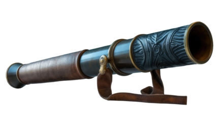 Ancient Telescope: A detailed image of a vintage telescope, meticulously crafted with leather and brass, inviting viewers to explore a bygone era of discovery and adventure. 
