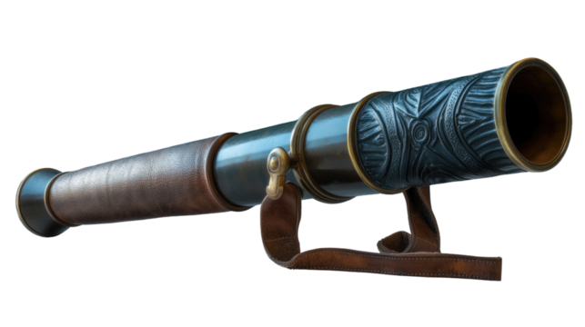 Ancient Telescope: A detailed image of a vintage telescope, meticulously crafted with leather and brass, inviting viewers to explore a bygone era of discovery and adventure. 