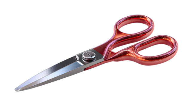 Red handled scissors: A pair of sharp, red-handled scissors with a metallic sheen isolated on a white background.  The scissors are positioned at a slight angle.