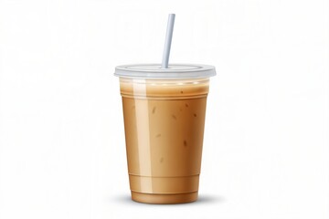 Iced latte coffee in a plastic cup with a straw on a white background.