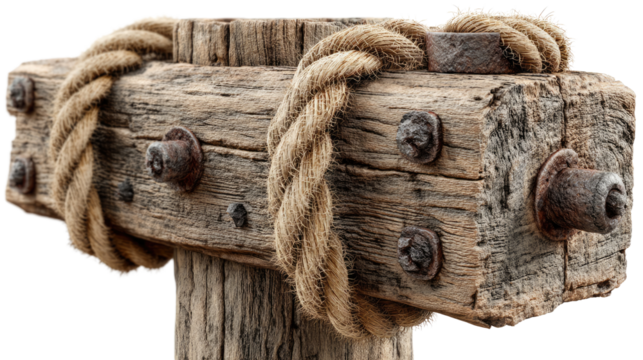 Weathered Wooden Post: A weathered wooden post secured by sturdy ropes, showcasing the rustic charm of nautical history.  The aged timber and thick hemp rope reveal a tale of strength and endurance.