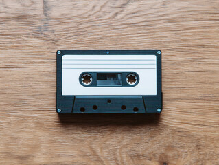 Analog audio cassette tape on a wooden surface, reminiscent of vintage music technology