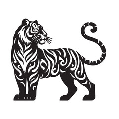 tiger head silhouette  vector illustration, Wild animal tiger silhouette EPS vector isolated illustration template on a white background, Black and white silhouette of a tiger walking with its tail.