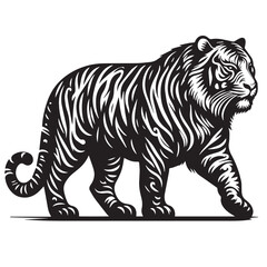 tiger head silhouette  vector illustration, Wild animal tiger silhouette EPS vector isolated illustration template on a white background, Black and white silhouette of a tiger walking with its tail.