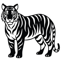 tiger head silhouette  vector illustration, Wild animal tiger silhouette EPS vector isolated illustration template on a white background, Black and white silhouette of a tiger walking with its tail.