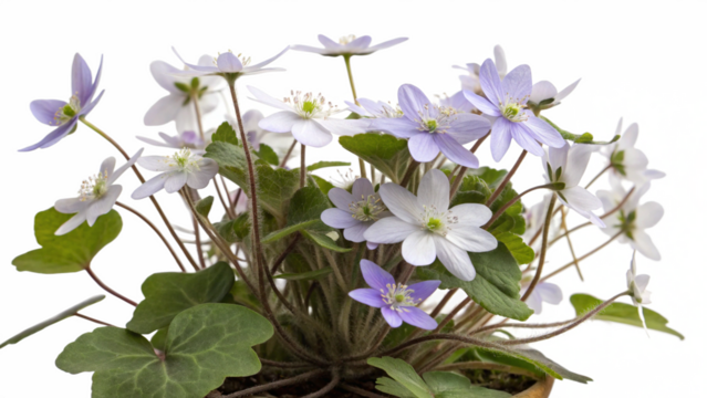 Herbal plant Anemone hepatica or Common hepatica on white or transparent background