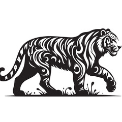 tiger head silhouette  vector illustration, Wild animal tiger silhouette EPS vector isolated illustration template on a white background, Black and white silhouette of a tiger walking with its tail.