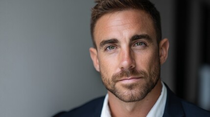 A real estate agent stands in a well-lit office, exuding confidence and professionalism. Dressed in a suit, he engages the viewer with a direct gaze, ready for business