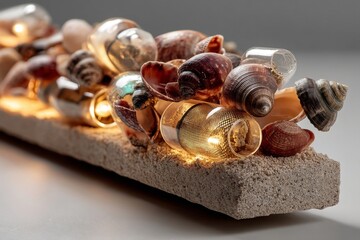 Seashell Still Life with Glass, Interior Sand Display, Beach Decoration, Nautical Theme, and Coastal Accent