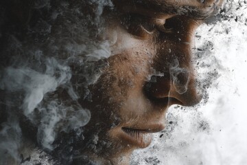 Profile of a Person Dissolving in Smoke, Showing Melancholy or Emotional Turmoil, Blending Portrait with Atmospheric Elements