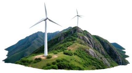 Wind Turbines atop a Hill: A panoramic view of modern wind turbines generating clean energy on a scenic hilltop, surrounded by lush green landscape and under a bright sky.