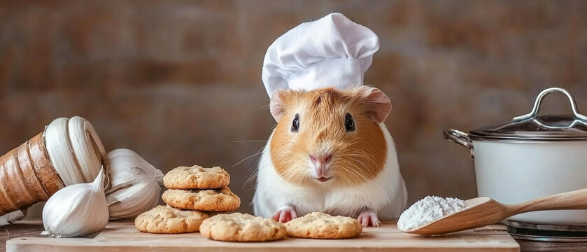 Guinea pig chef with cookies and baking ingredients