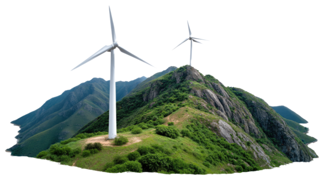 Wind Turbines atop a Hill: A panoramic view of modern wind turbines generating clean energy on a scenic hilltop, surrounded by lush green landscape and under a bright sky.