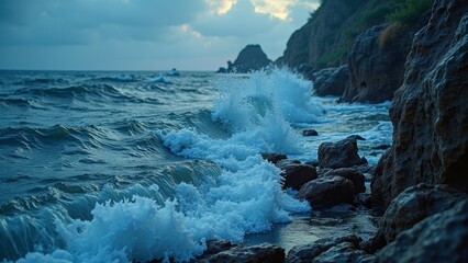 Fototapeta premium Dramatic ocean waves crashing against rocky shore at dusk