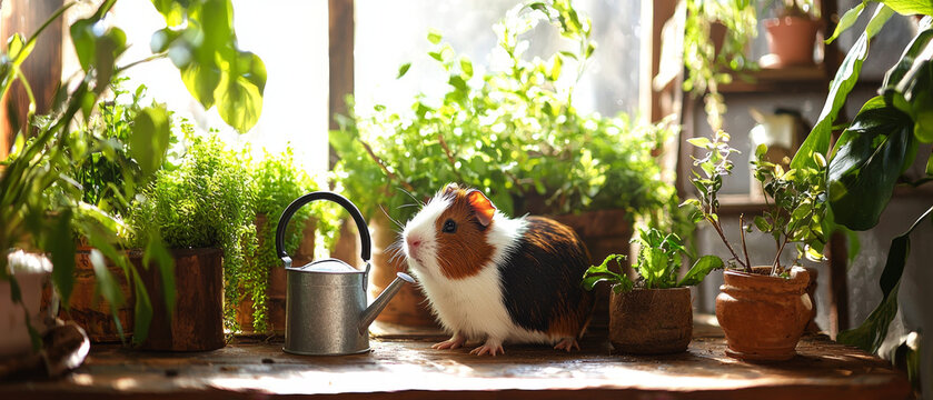 Guinea pig amidst sunlit potted plants and miniature watering can