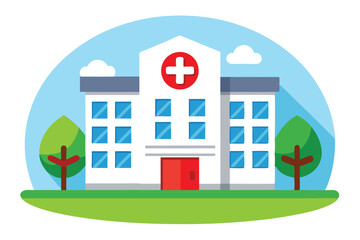 Modern medical facility with red cross, and lush trees, stands against a sky