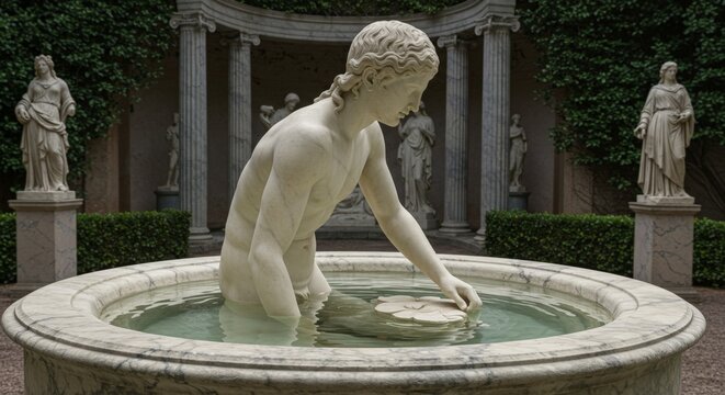 Classical marble statue in a fountain garden