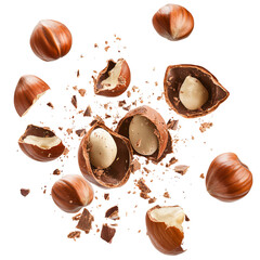 Falling hazelnuts with broken shells, isolated on a transparent background