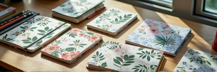 Floral patterned journals and notebooks on sunlit wooden desk