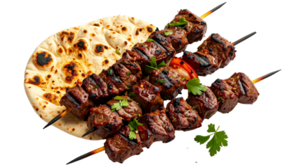 Souvlaki – Grilled skewers of meat, often served with pita bread isolated on white background. Suitable for marketing or business purposes. PNG file