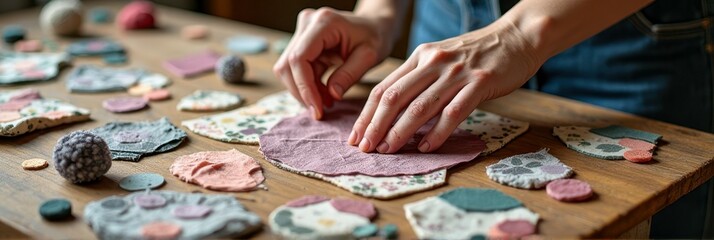 Caucasian female adult crafting with fabric scraps and felt on wooden table