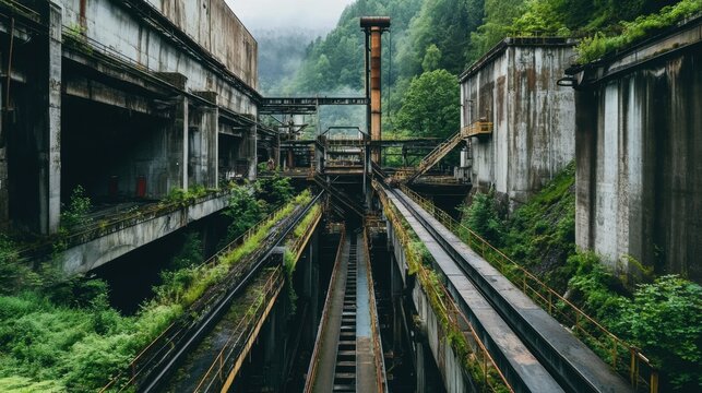 An abandoned coal mine with rusting equipment and overgrown grass, symbolizing outdated energy sources