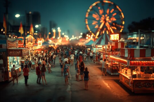 Crowd of People Enjoying a County Fair at Night with Food Booths and Ferris Wheel Illumination