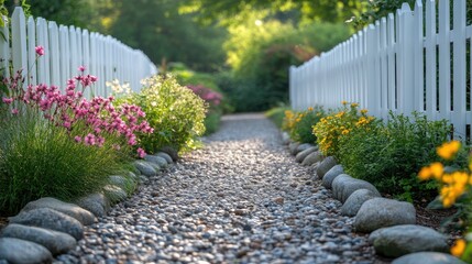 Obraz premium Sunlit garden path lined with flowers and stones.