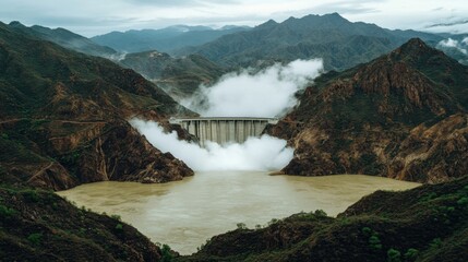 Fototapeta premium A hydroelectric dam releasing water at full capacity, surrounded by rugged mountains and mist rising from the base