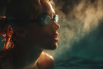 Close-up of a wet swimmer with goggles, looking off into the distance, standing in warm water with steam or fog around