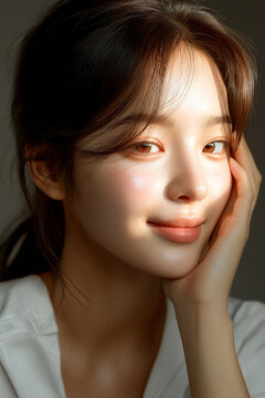 a young Korean woman in her 20s, with a rounder face, soft natural monolid eyes